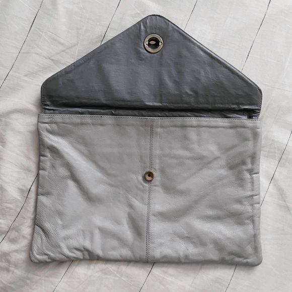 Vintage Clutch Bag Women Oversized Gray Faux Leather Two Snap Closure Purse - Picture 2 of 5